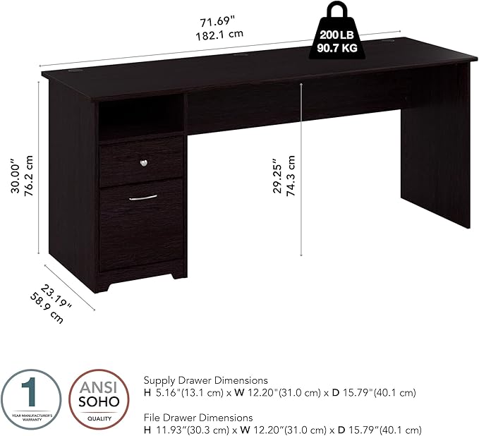 Bush Furniture Cabot 72W Computer Desk with Drawers in Espresso Oak
