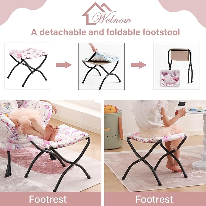Welnow Toddler Kids Lazy Chair with Ottoman, Glow in The Dark Accent Comfy Lounge Children Armchair Couch with Removable Cover, Detachable Reading Chair with Footrest for Boy or Girl, Pink Elephant