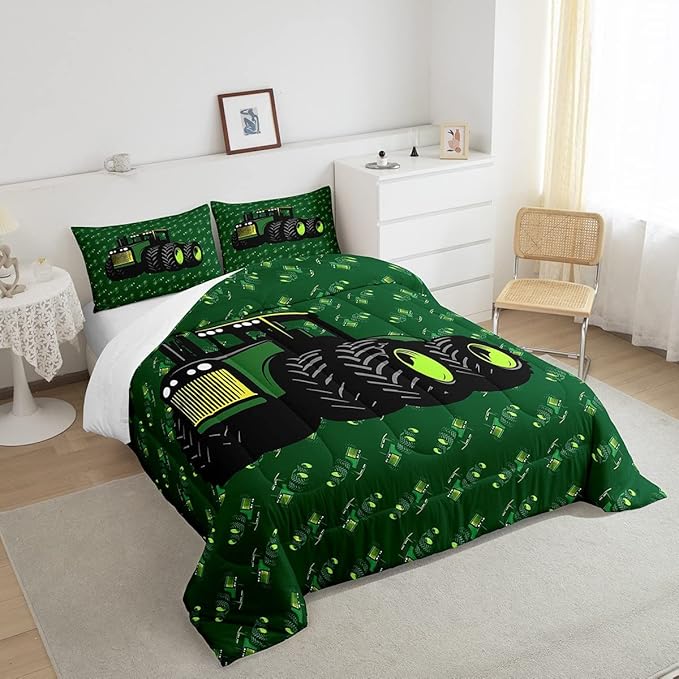 Erosebridal Boys Tractor Comforter Set Twin Size, Green Equipment Trucks Bedding Set, Construction Excavator Down Comforter, Cartoon Kids Car Room Decor Lightweight Soft Quilt Set, Farm Car Comforter