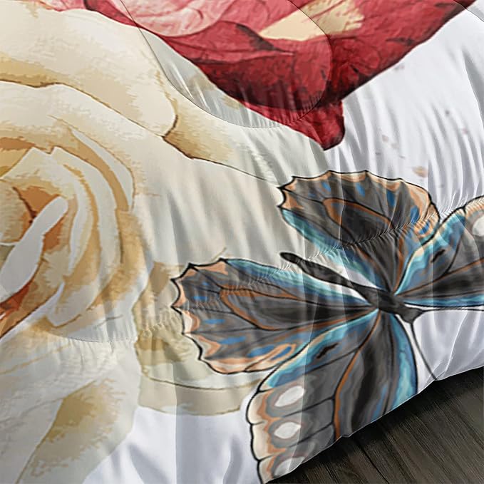 Butterfly Comforter Set for Girls Kids Adults Watercolor Butterfly Rose Bedding Set Aesthetics Butterflies Quilt Duvet Set Full Size with 1 Comforter and 2 Pillowcases