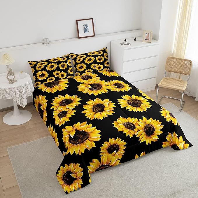 Erosebridal Yellow Sunflowers Bedding Black Yellow Comforter Set Gold Yellow Sunflowers Printed Luxury Black Boys Girls Bedding Sets Twin 1 Down Comforter 2 Pillowcases (King, Black Sunflowers)