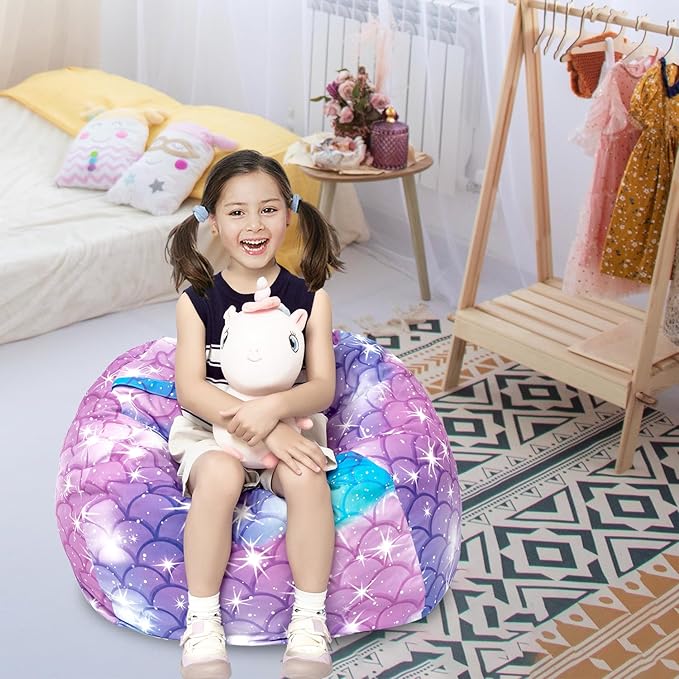 Stuffed Animal Storage Bean Bag Chair Cover, Hold Kids Plush Toys Blankets Towels Beanbag (Cover Only), Canvas Floor Circle Stuff Sit Seat Sofa with YKK Zipper, Large 32", Classic Mermaid