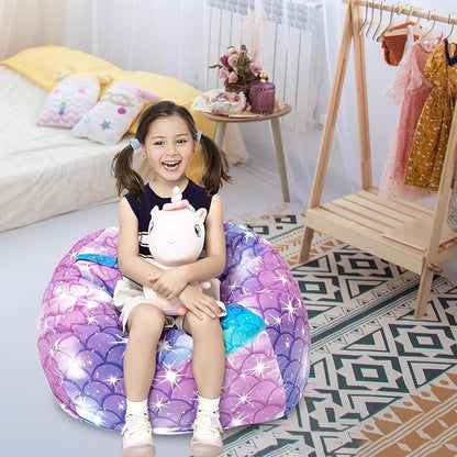 Stuffed Animal Storage Bean Bag Chair Cover, Hold Kids Plush Toys Blankets Towels Beanbag (Cover Only), Canvas Floor Circle Stuff Sit Seat Sofa with YKK Zipper, Large 32", Classic Mermaid