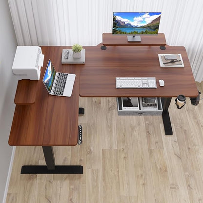 62x47 Inches L Shaped Electric Standing Desk with Drawer, Adjustable Height Sit Stand Up Desk with Storage Shelf, Dark Walnut Top/Black Frame