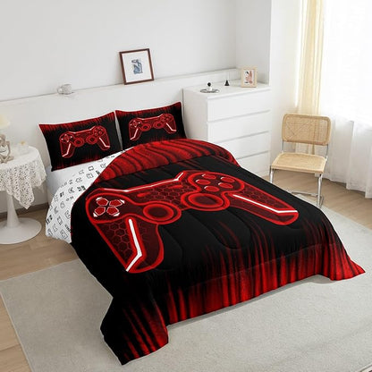 Feelyou Gamer Comforter Set Full Size Kids Game Controller Comforter for Boys Teens Red Black Bedding Set Gaming Duvet Set Room Decor Quilt Set