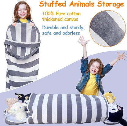 Stuffed Animal Storage Bean Bag Cover for Kids, Bean Bag Stuffed Animal Storage for Boys and Girls | Organize, Sit, Play, Box | X-Large, Cylinder, 2 Zippers at Both Ends, 100% Cotton Canvas