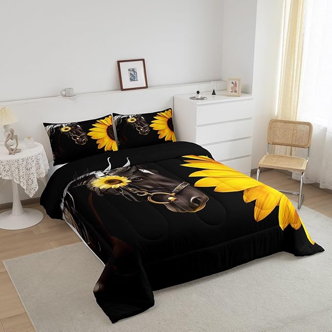 Erosebridal Horse Comforter Set King,Sunflower Horse Bedding Set for Boys Girls Teens Adults,Western Cowboy Farmhouse Down Comforter Farm Animal Quilt Duvet Sets Bedroom Decor 2 Pillow Cases Black