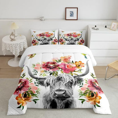 Erosebridal Highland Cow Floral Comforter Set Twin Size Bull Cattle Flower Bedding Set Wildlife Farmhouse Cow Quilt Hummingbird Duvet Insert Soft All Season White Down Comforter with 1 Pillowcase