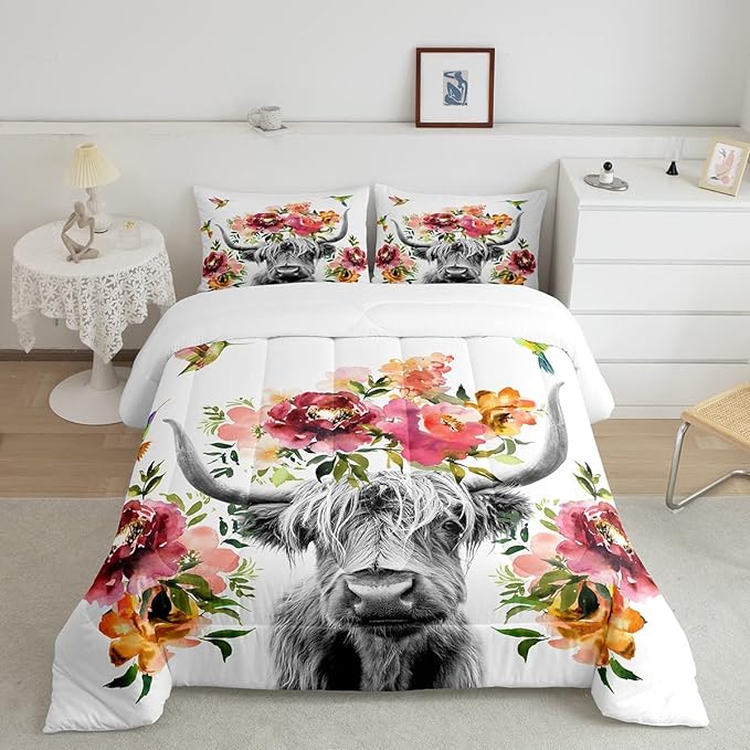 Erosebridal Highland Cow Floral Comforter Set Queen Size Bull Cattle Flower Bedding Set Wildlife Farmhouse Cow Quilt Hummingbird Duvet Insert Soft All Season White Down Comforter with 2 Pillowcases