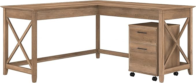 Bush Furniture Key West 60W L Shaped Desk with 2 Drawer Mobile File Cabinet in Reclaimed Pine