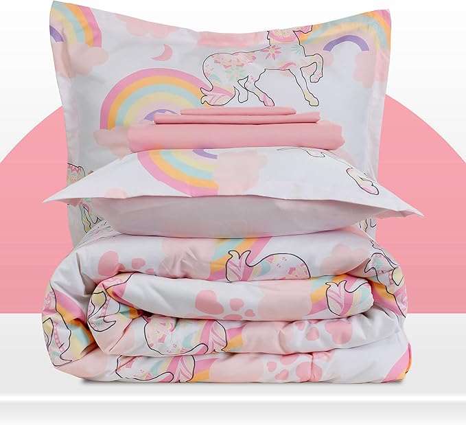 SLEEP ZONE Kids Unicorn Bedding Twin Comforter Set - Super Soft & Cute Printed 2-Piece Comforter Set All Seasons for Girls, Fade Resistant, Machine Washable, Pink Unicorn