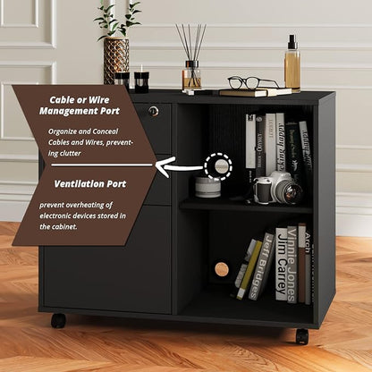 Maxtown Wood Filing Cabinet, Mobile Lateral Filing Cabinet with Lock, 3 Drawer Filing Cabinet with Open Storage Shelves, Printer Stand with Storage, Oak Grain