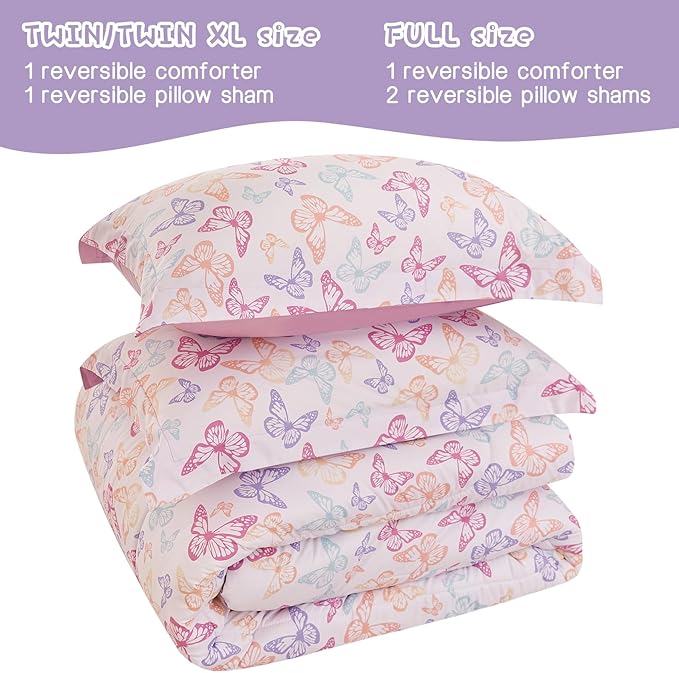 Butterfly Kids Comforter Set for Girls Twin, Cute Reversible Quilted Lavender Printed Bedding Set with Pillow Sham, Lightweight Soft Breathable Machine Washable Bed Set 2 Piece