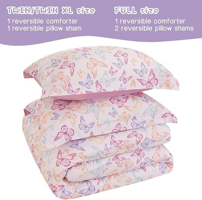 Butterfly Kids Comforter Set for Girls Twin, Cute Reversible Quilted Lavender Printed Bedding Set with Pillow Sham, Lightweight Soft Breathable Machine Washable Bed Set 2 Piece
