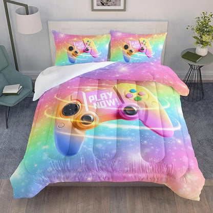 Datura home Bedding Comforter Set Rainbow Gamepad Printed Pattern Quilt with 1 and 2 Pillowcases for Girls Bedroom All Season(Rainbow Full) Full 80x90inches