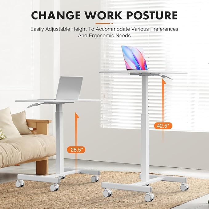 edx Small Mobile Rolling Standing Desk - Overbed Table, Teacher Podium with Wheels, Adjustable Work Table, Rolling Desk Laptop Computer Cart for Home, Office, Classroom, White
