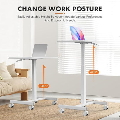 edx Small Mobile Rolling Standing Desk - Overbed Table, Teacher Podium with Wheels, Adjustable Work Table, Rolling Desk Laptop Computer Cart for Home, Office, Classroom, White