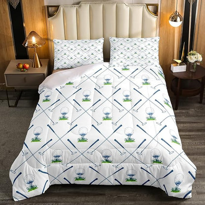 Erosebridal Golf Comforter Set Twin Size Golf Club Bedding Set Sport Game Athlete Grass Leaf Branches Down Comforter for Men, Room Decorative 2 Pieces Comforter with 1 Pillow Case, White