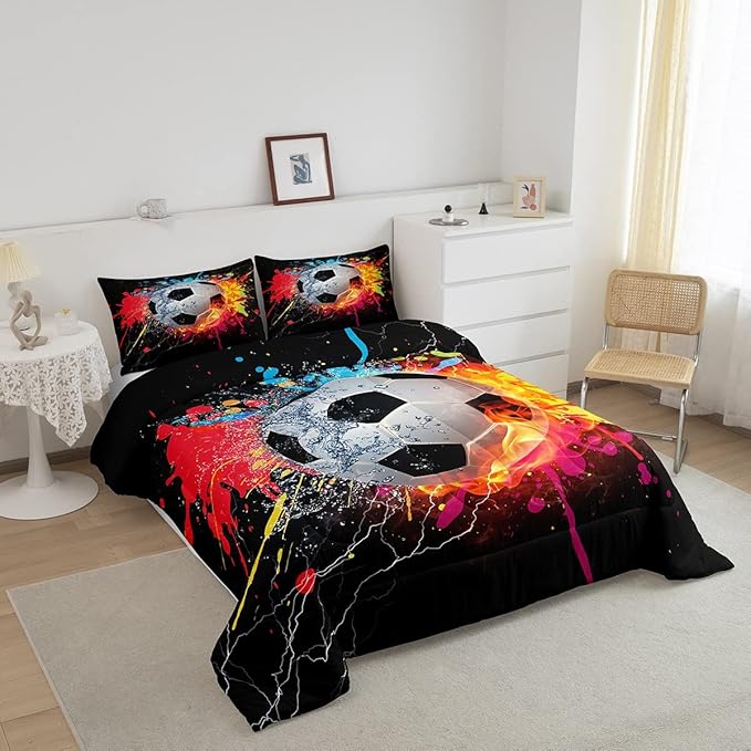 Kids Soccer Queen Size Comforter Set For Boys Football Sports Bedding Set Teen Colorful Grunge Hippie Tie Dye Quilt Comforter Red Blue Water Fire Lightning Duvet Insert Lightweight Bedroom Dorm Decor