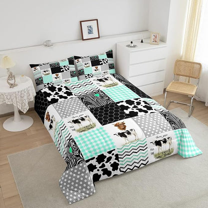 Cute Cow Print Comforter Set King Size Kawaii Highland Cow Bedding Set Bedroom Decor Honeycomb Plaid Pattern Geometric Stripes Down Comforter Cartoon Farm Animals Duvet Set, Green Black Grey