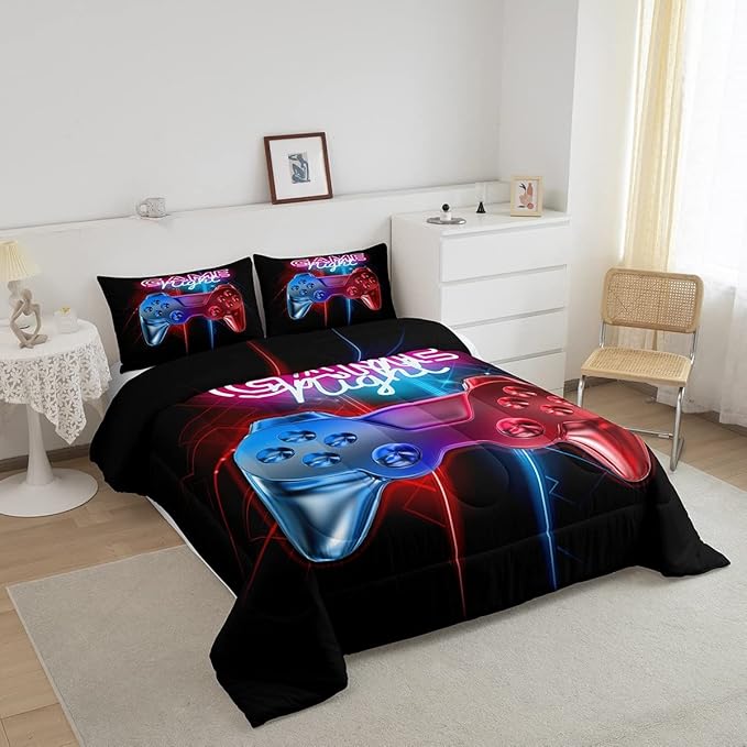 Boys Gaming Comforter Set Queen Size Teens Gamer Bedding Set Modern Blue Red Video Game Controller Comforter For Kids Children Youth Bedroom Decor Multi-Color Gamer Console Action Buttons Duvet Set