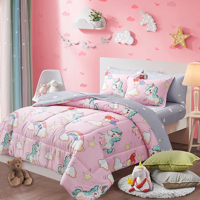 UOZZI BEDDING Kids Girls Bed in a Bag 6 Pieces Twin Size Unicorn Pink Colorful Comforter Set - (1 Soft Microfiber, Reversible Comforter, 2 Pillow Shams, 1 Flat Sheet, 1 Fitted Sheet, 1 Pillowcases)