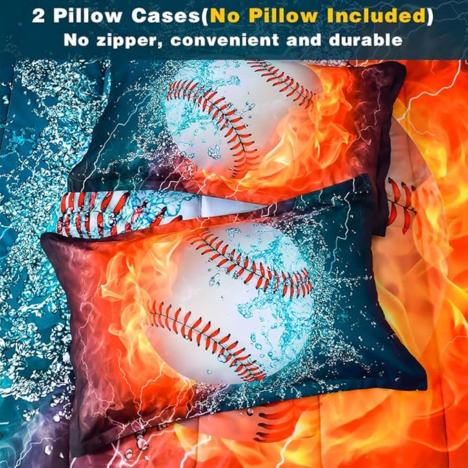 Andency Baseball Comforter Full (79x90 Inch), 3 Pieces(1 Baseball Comforter, 2 Pillowcases) 3D Microfiber Sport Baseball Comforter Set for Boy Kids Teens