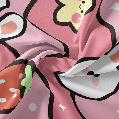 Kawaii Rabbit Comforter,Strawberry Rabbit Comforter Set for Kids Teens Girls,3Pcs Bedding Set Printed Comforter with 2 Pillowcases,Down Alternative,Soft and Lightweight(Pink，King Size)