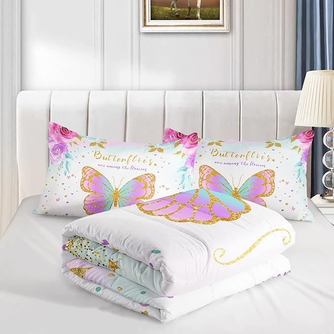 CVHOUSE Butterfly Bedding Set,Butterfly Comforter Full,Butterfly Comforter Set for Girls Kids Teens,Butterflies Quilt Set with 1 Comforter and 2 Pillow Cases- 3 Piece