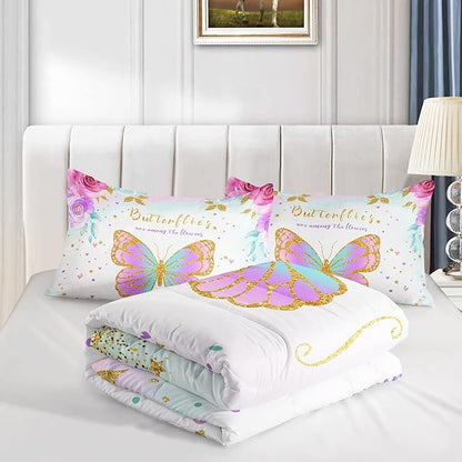 CVHOUSE Butterfly Bedding Set,Butterfly Comforter Full,Butterfly Comforter Set for Girls Kids Teens,Butterflies Quilt Set with 1 Comforter and 2 Pillow Cases- 3 Piece