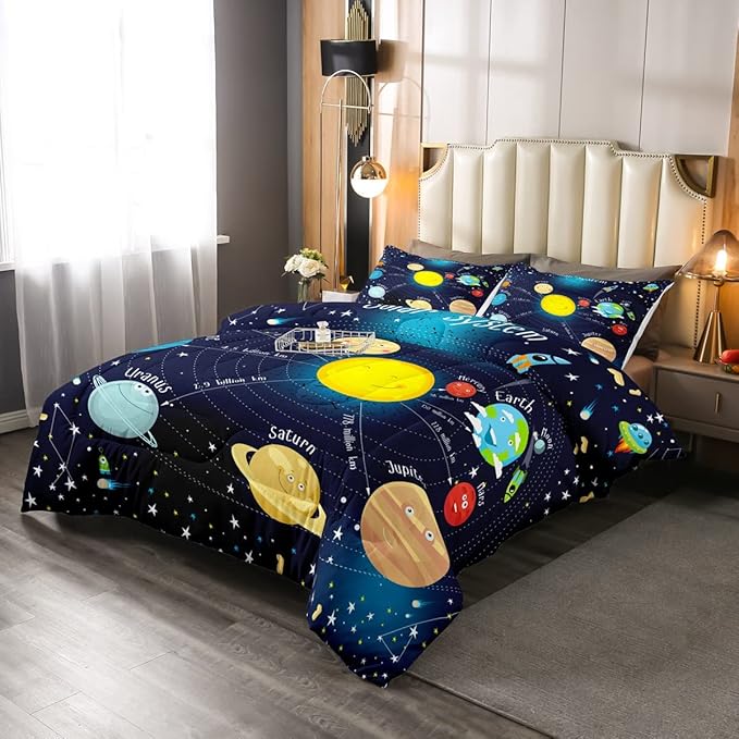 Erosebridal Outer Space Comforter Set Starry Sky Bedding Set King Size for Kids Boys Girls Room Galaxy Planet Space Duvet Sets Solar System Cartoon Down Comforter 3 Pieces with 2 Pillow Cases, Blue