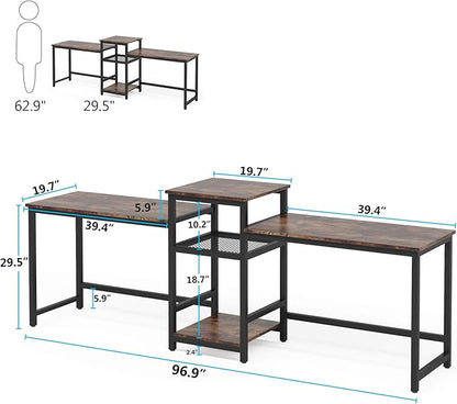 Tribesigns 96.9" Double Computer Desk with Printer Shelf, Extra Long Two Person Desk Workstation with Storage Shelves, Large Office Desk Study Writing Table for Home Office, Dark Brown