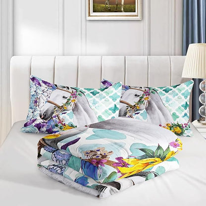 Kid Sunflower Horse Comforter Set 3Pcs Rose Butterfly Retro Horse Bedding Set for Boys Girls Adult, 1 Comforter + 2 Pillowcases
