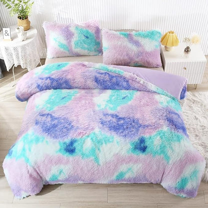 WINLIFE Shaggy Bedding Comforter Set Faux Fur Flannel Furry Comforter Microfiber Plush Comforter Sets Pastel Gradient Ombre Tie Dye MultiColor Bedding for Girls Adults (3Pcs, Full, Teal Purple)