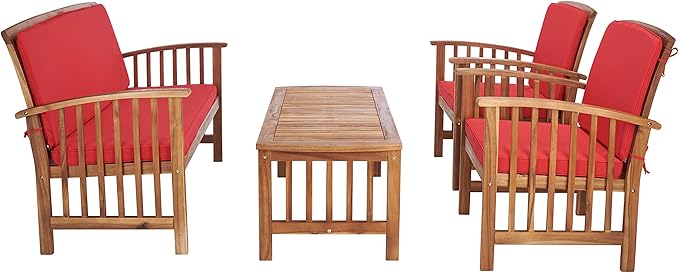 SAFAVIEH Outdoor Collection Rocklin Natural/ Red Cushion 4-Piece Conversation Patio Set