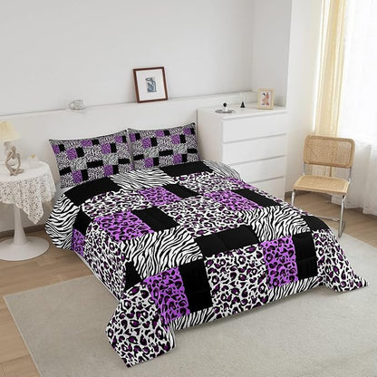 Erosebridal Girls Leopard Full Size Bedding Set Patchwork Black Purple Cheetah Print Comforter Set Women Black White Zebra Comforter Kids Wildlife Animal Bedding Quilt Soft Lightweight 2 Pillowcases