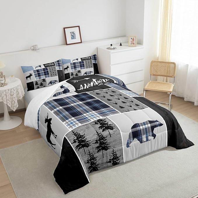 Rustic Adventure Kids Comforter Set King Size,Deer Bear Pine Trees Xmas Bedding Set for Boys Girls Adults Room Decor,Plaids Arrows Wooden Patchwork Down Comforter,Blue Duvet Insert,2 Pillowcases