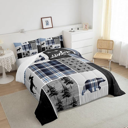 Rustic Adventure Kids Comforter Set King Size,Deer Bear Pine Trees Xmas Bedding Set for Boys Girls Adults Room Decor,Plaids Arrows Wooden Patchwork Down Comforter,Blue Duvet Insert,2 Pillowcases
