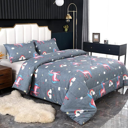 3PCS Gray Unicorn Comforter Set Full, Bed in a Bag Full Unicorn Bedding Set, Lightweight and Fade Resistant, Cute Room Decor for Boys Girls Toddler Kids and Teens, Full