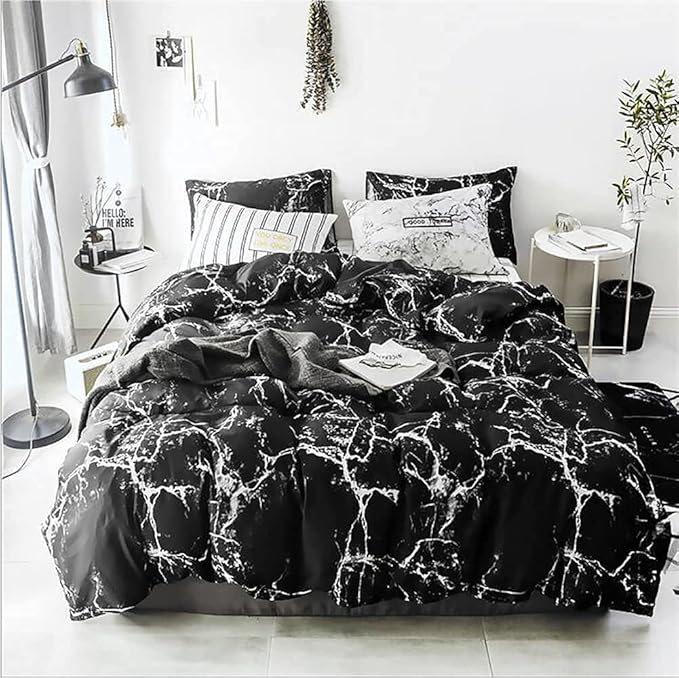 Black Marble Comforter Set Full/Queen White Texture Bedding Reversible Teen Boy Men Full Size Soft Lightweight Quilt Set, 3 PCs( 1 Comforter, 2 Pillowcases)