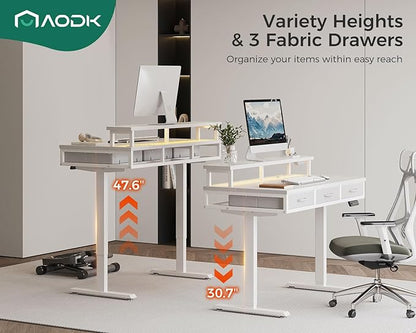 AODK 47 Inch Electric Standing Desk with 3 Drawers, White, Height Adjustable Desk with Power Outlets & LED Lights, Stand Up Desk with Monitor Shelf, Sit Stand Desk Computer Workstation