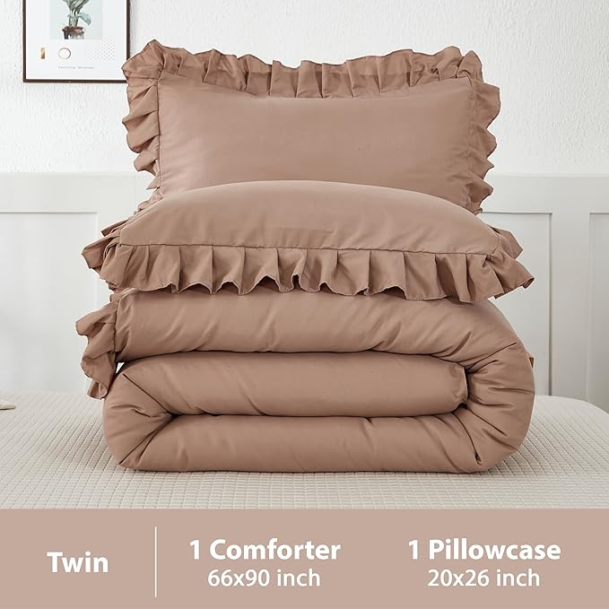 Andency Taupe Twin Size Comforter(66x90Inch), 2 Pieces(1 Ruffle Comforter and 1 Pillowcase) Solid Farmhouse Shabby Chic Comforter, Lighteweight and Soft Microfiber Bedding Set