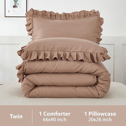 Andency Taupe Twin Size Comforter(66x90Inch), 2 Pieces(1 Ruffle Comforter and 1 Pillowcase) Solid Farmhouse Shabby Chic Comforter, Lighteweight and Soft Microfiber Bedding Set