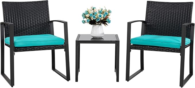 Shintenchi 3 Pieces Outdoor Patio Furniture Set, Modern Wicker Bistro Set, Conversation Rattan Chair of 2 with Coffee Table for Yard Porch Poolside Lawn(Blue Cushion)