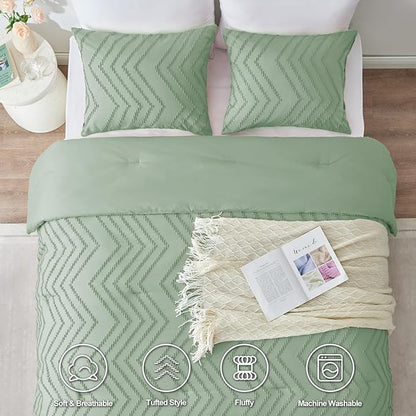 CozyLux King Size Comforter Set Sage Green - 3 Pieces Boho Tufted Shabby Chic Bedding Comforter Set for All Seasons, Chevron Bedding Sets with Comforter & 2 Pillow Shams