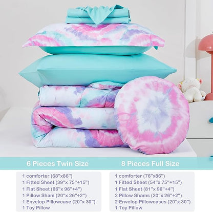 Mooreeke Tie Dye Kids Comforter Bed Set Twin Size for Girls, 6 Pieces Bed in a Bag with Shams, Sheet Set, A Toy Pillow Dark Pink Round Flower Twin Soft Microfiber Kids Comforter Bedding Set