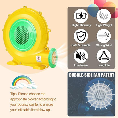 Bounce House Blower, 750W 1HP Commercial Air Blower with Double-Sided Fan Blade Design, Strong Wind and Great Heat Dissipation Properties for Medium and Large Bouncy Castle, Jump Slides, Arch