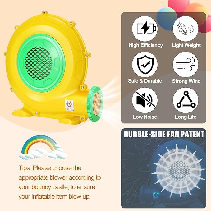 Bounce House Blower, 950W 1.27HP Commercial Air Blower with Double-Sided Fan Blade Design, Strong Wind and Great Heat Dissipation Properties for Medium and Small Bouncy Castle, Jump Slides, Arch