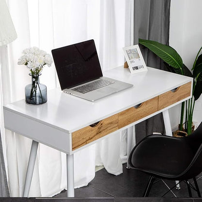 DlandHome Computer Desk with Drawers Mid Century Modern Desk 43 Inches Vanity Desk with 3-Drawers, Office Desk with Drawers Writing Desk Study Table Makeup Tables, Bedroom Dresser Table