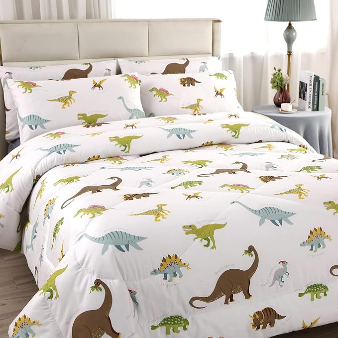 MAG 3Pcs Dinosaur Comforter Set,White Base Full Bedding Comforter Set,for Toddlers Kids,Boys Teens and Girls,Super Soft Microfiber, Full Size (1 Comforter + 2 Pillowcases)